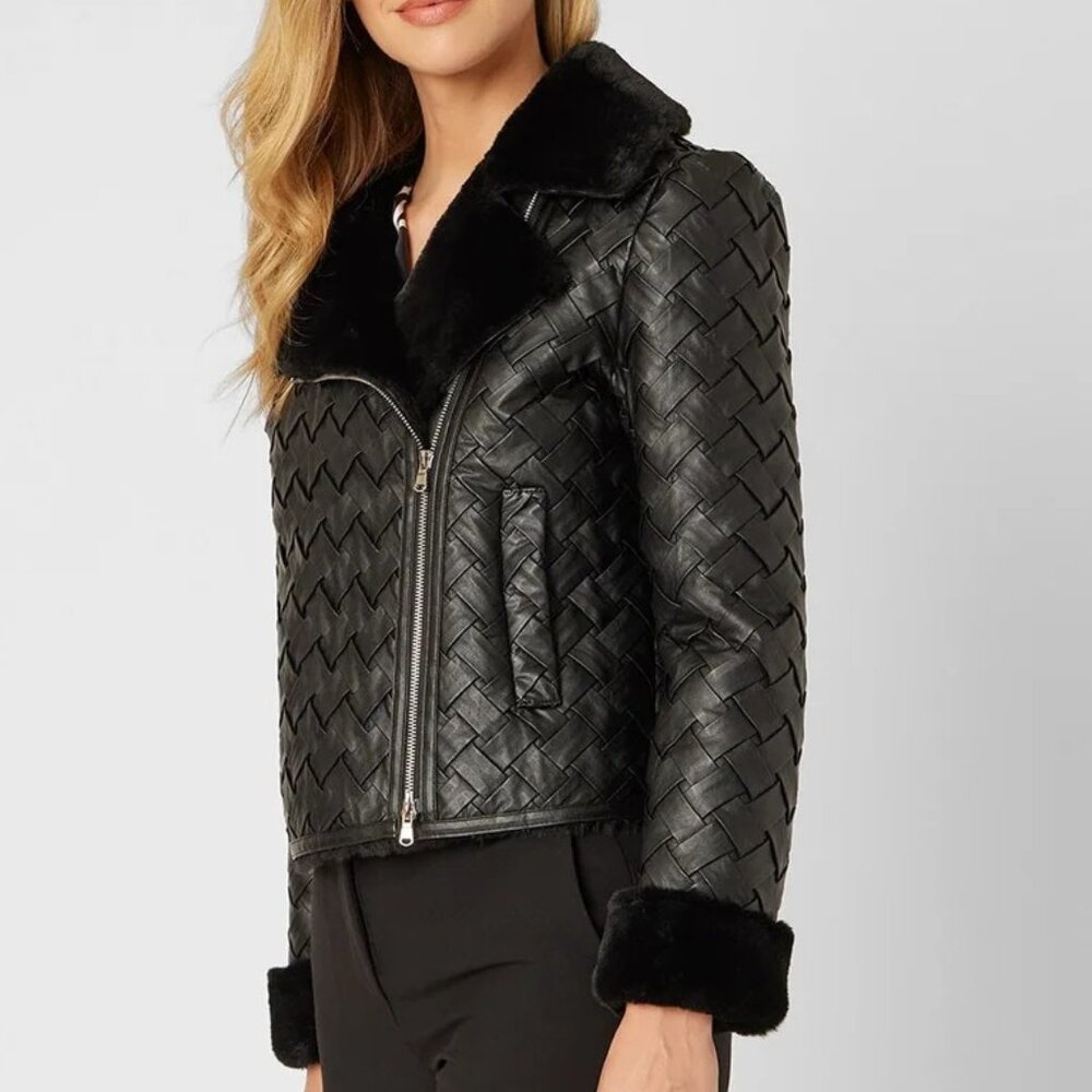 NWT Size Med Adrienne Landau Woven Faux Leather with Faux Fur Lining Moto Jacket